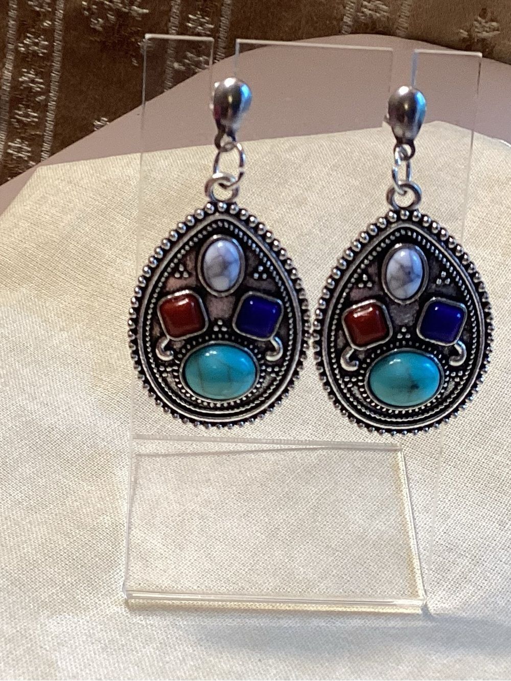 Faux Multi-Stone Teardrop Dangle Earrings in Silver Tone with Post Back